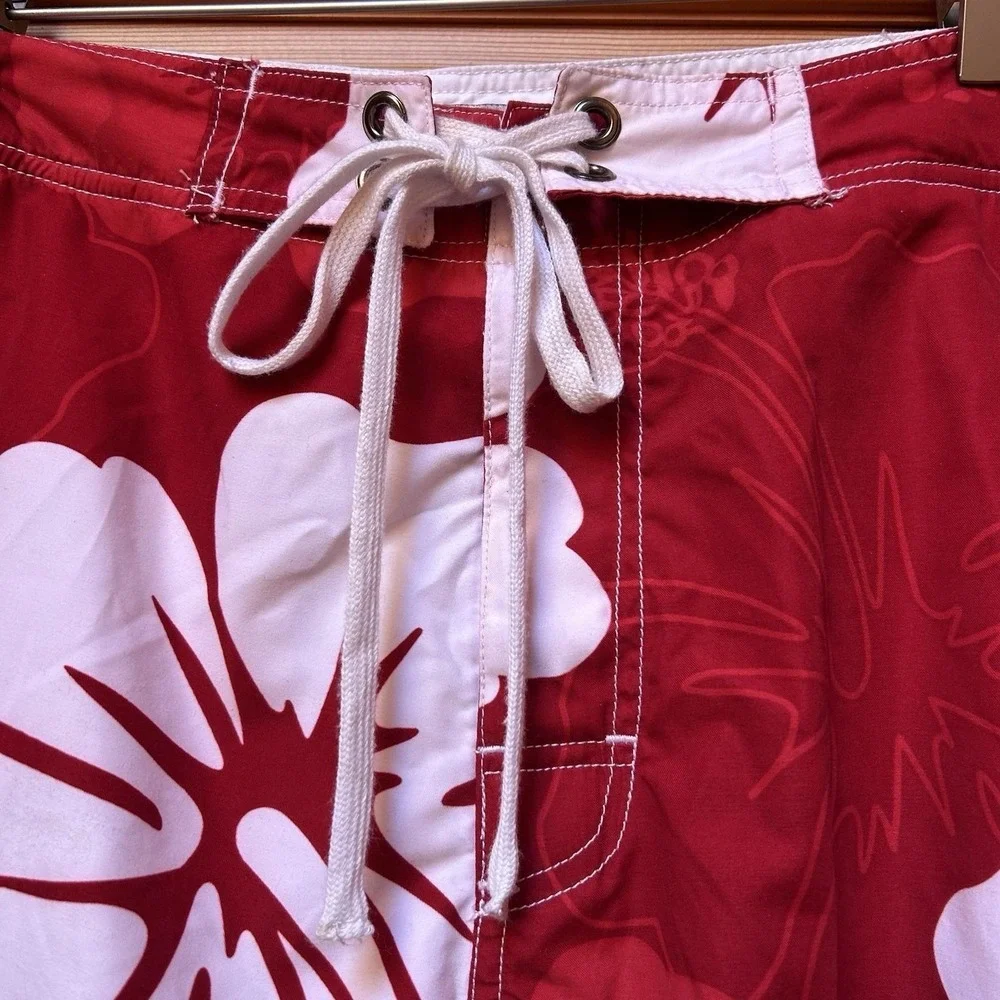 VTG Brents Surf Wear Swim Cargo Board Shorts Mens XL Lined Red Hawaiian Beach